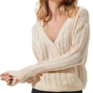 ASTR The Label Sweater Wrap Ivory Knit Surplice Pointelle Top Size Medium